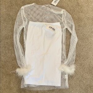 White Mesh Swimsuit cover with Feather Cuffs